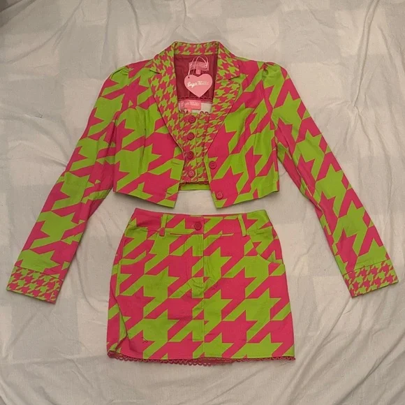 Am I the drama? Sugar Thrillz Neon Pink and Lime Houndstooth Set nwt - Picture 1 of 13